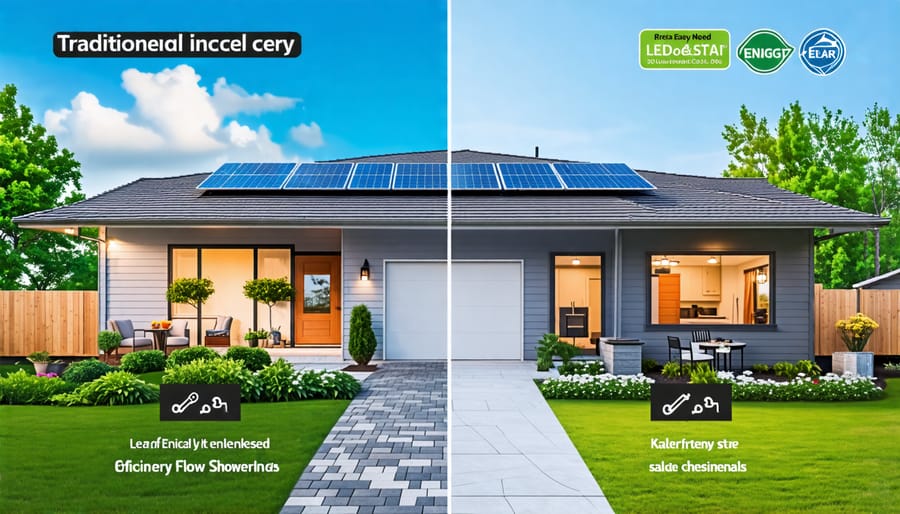 A split-view illustration of a home showing traditional household elements versus eco-friendly upgrades, including LED lights, solar panels, and ENERGY STAR appliances.