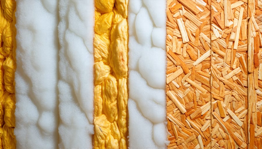 Visual comparison of fiberglass, cellulose, sheep's wool, and cotton insulation