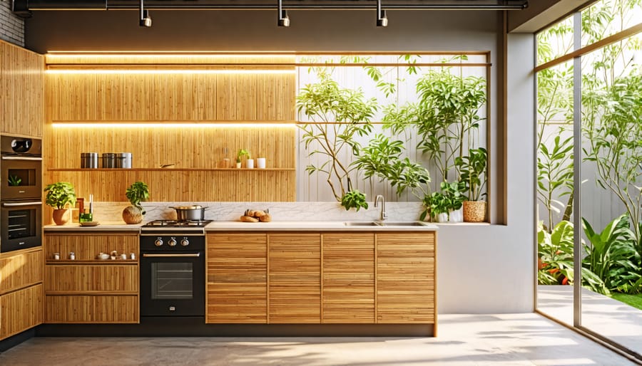 Kitchen design showcasing bamboo materials and LED lights for sustainability