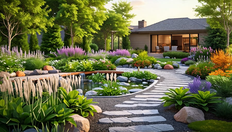 An eco-friendly landscape design showcasing sustainable elements