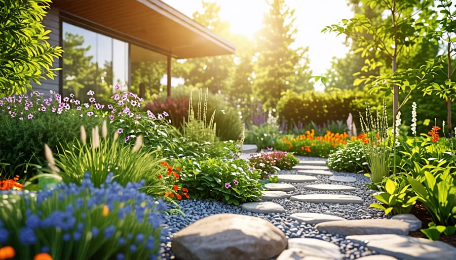 A beautifully designed sustainable yard with native plants, rain garden, permeable pathways, and a rainwater collection system, illustrating eco-friendly landscaping techniques.