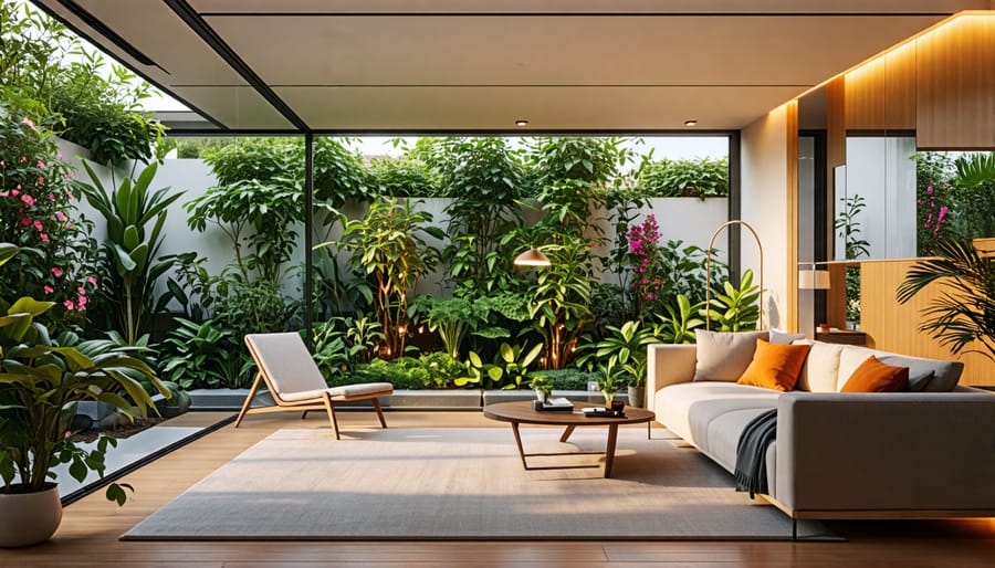 A modern living room showcasing eco-friendly lighting solutions, including LED bulbs, reflected natural light from mirrors, solar garden path lights through a window, and a smart lighting system.