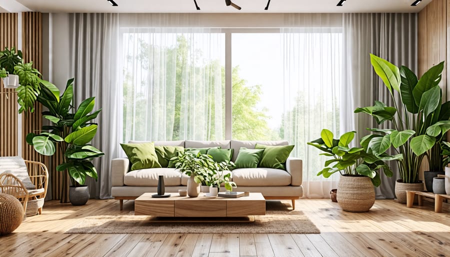 Living room with eco-friendly furniture and decor focusing on sustainability