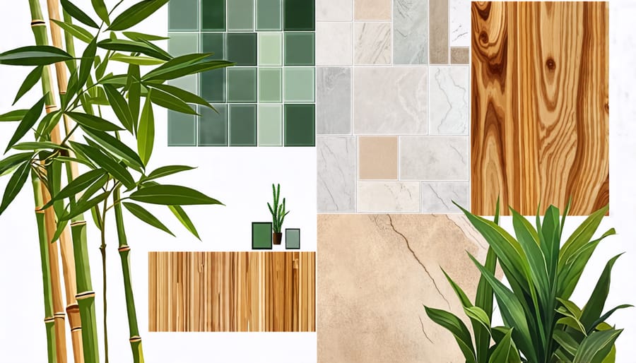 Collage of eco-friendly materials including bamboo, reclaimed wood, and recycled glass