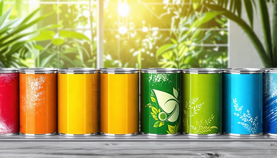 Eco-friendly paint cans displaying eco-certification labels