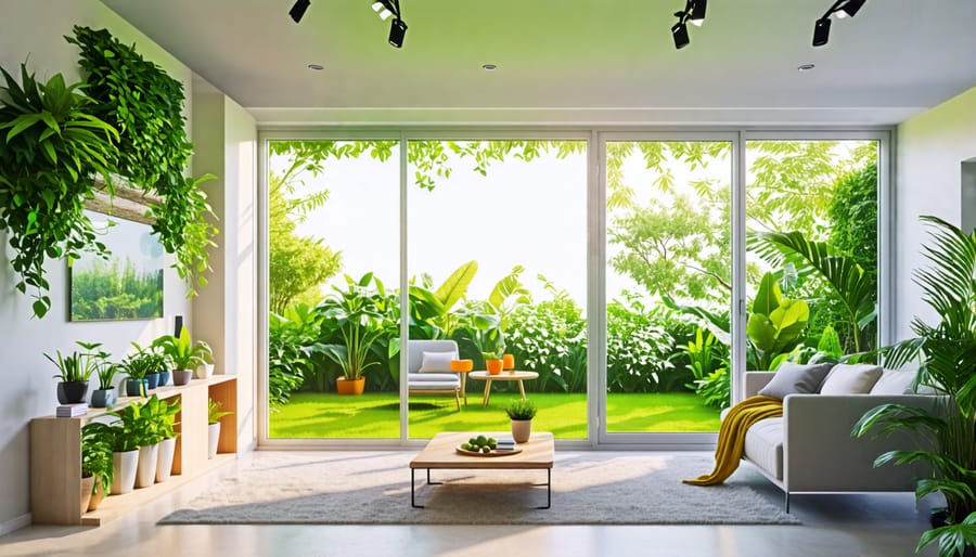 A modern living room featuring vibrant eco-friendly painted walls, emphasizing sustainability with visible eco-certification badges integrated into the decor.