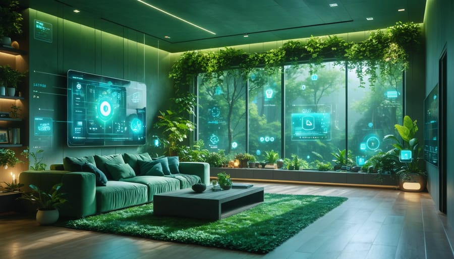 A modern living room showcasing eco-friendly smart technology, featuring smart LED bulbs, a smart thermostat, and automated shades for energy efficiency.