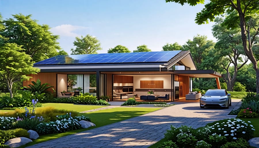 A futuristic eco-friendly home with smart technology, including solar panels, a smart thermostat, energy-efficient appliances, and a voice assistant in a modern living room, highlighting sustainable innovation.