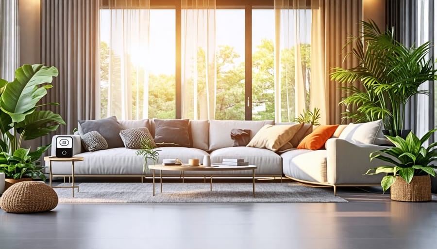 Eco-friendly smart home living room showcasing energy-saving devices