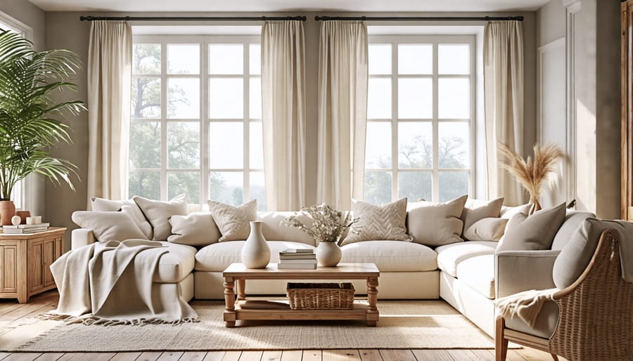 Serene living room showcasing elegant Belgian decor with neutral tones, natural textures, and vintage accents.