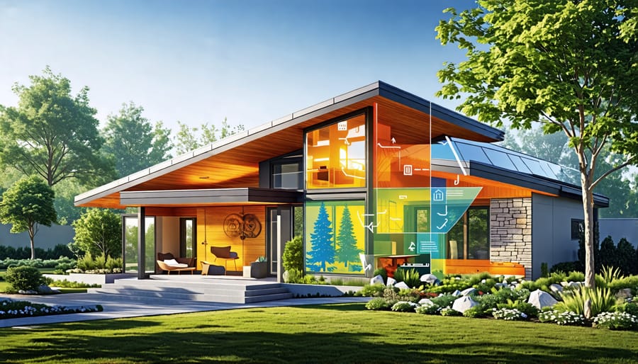 Illustration of a modern home with energy-efficient windows, shade trees, and a reflective roof, demonstrating sustainable home design elements.