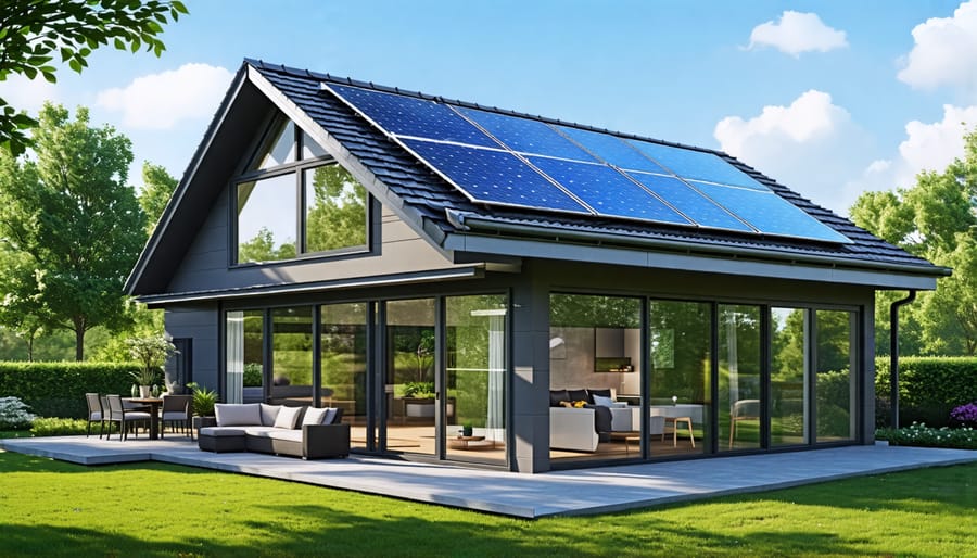 Exterior view of an energy-efficient house with solar panels