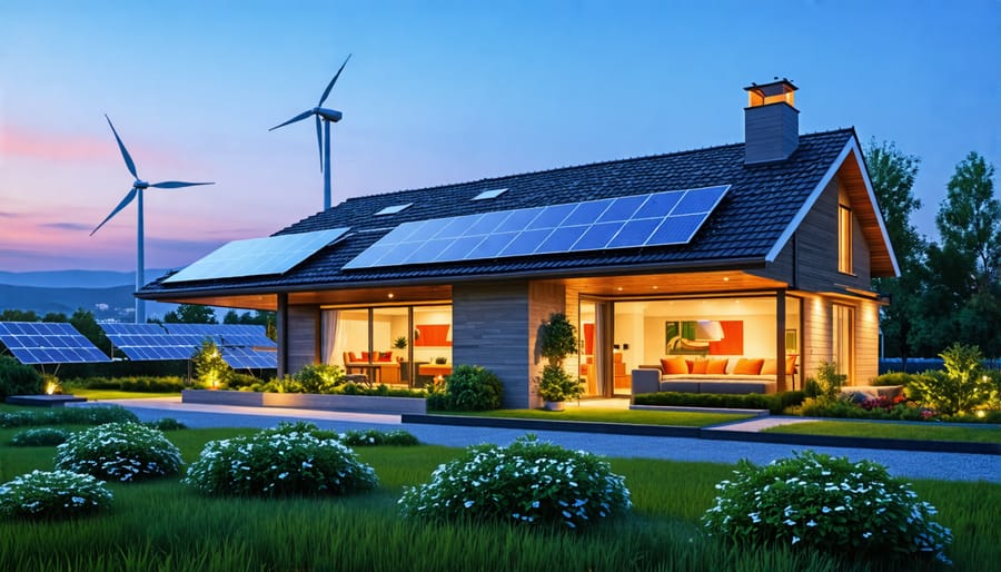 A modern, energy-efficient home surrounded by solar panels and wind turbines, featuring sustainable elements such as double-glazed windows and green landscaping.