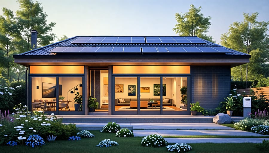 Illustration of a sustainable home featuring large windows, solar panels, and smart technology, emphasizing energy efficiency.