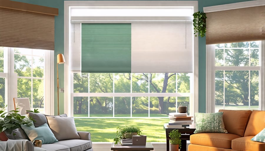 Artistic collage of energy-efficient window treatments including cellular shades and reflective films, illustrating home cooling and cost savings.