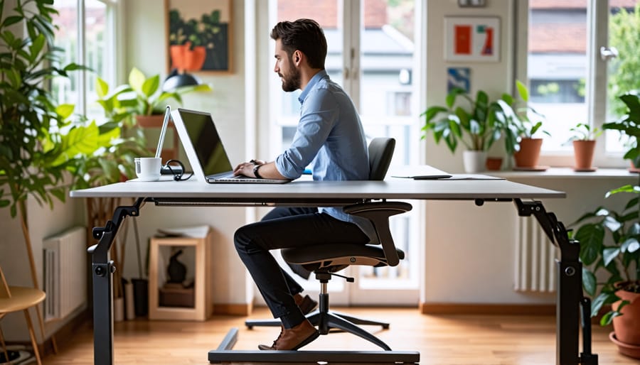 Ergonomic workspace with standing desk and good lighting.