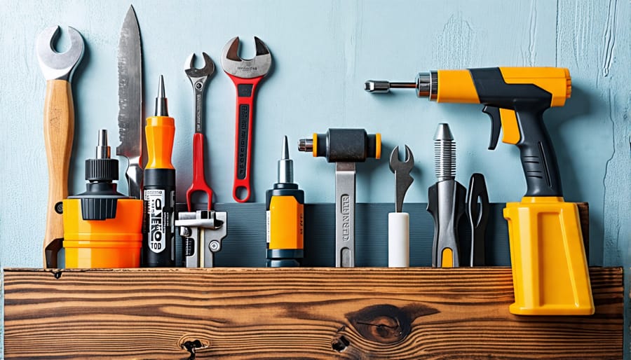 An organized toolbox with essential DIY repair tools, including a spackle knife, wrench, caulking gun, and plunger, placed in front of a newly painted wall.