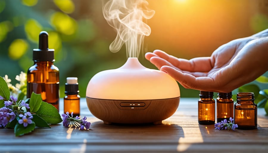 An essential oil diffuser releasing steam, with small bottles of essential oils beside it