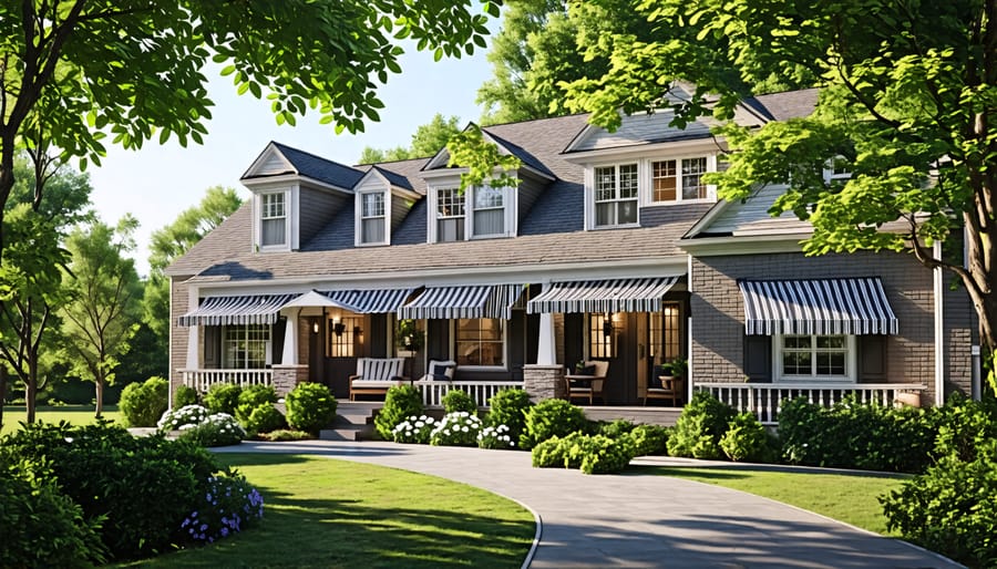 House exterior featuring various shading elements like awnings, lattices, and trees