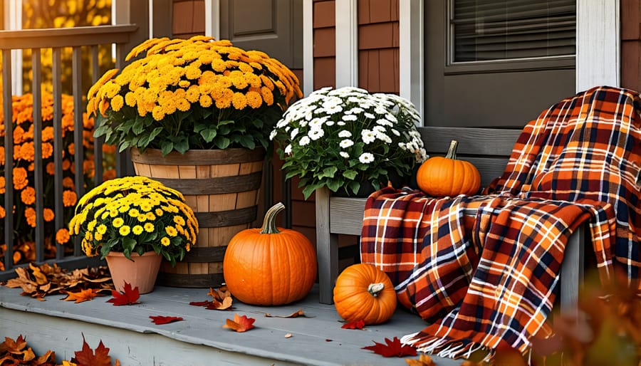 Cozy fall porch decorated with warm plaids, seasonal pumpkins, and inviting textures