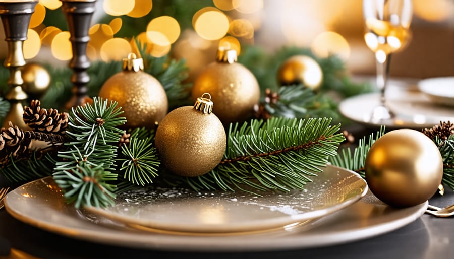 Elegant winter holiday table decorated with evergreens, metallic touches, and ornaments