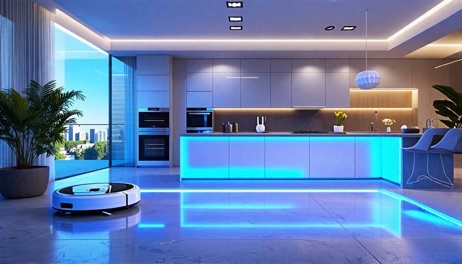 A modern home filled with various smart cleaning devices, including robotic vacuums, self-cleaning appliances, and UV-C sanitizing tools, exemplifying the future of home cleaning.