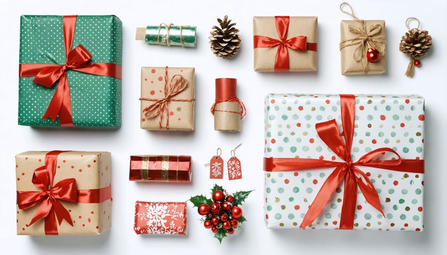 Collection of colorful and festive gift wrapping materials