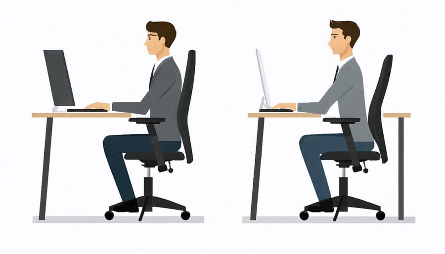 Illustration comparing proper and improper sitting posture at a desk