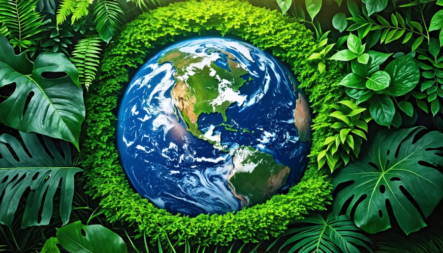 Conceptual image of green leaves encircling the Earth, representing eco-friendliness