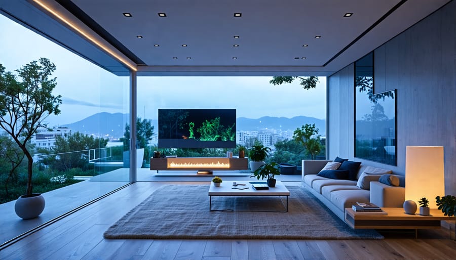 A futuristic living room showcasing smart home devices including a thermostat, LED lights, power strips, and an energy monitor, emphasizing their role in energy efficiency and home automation.