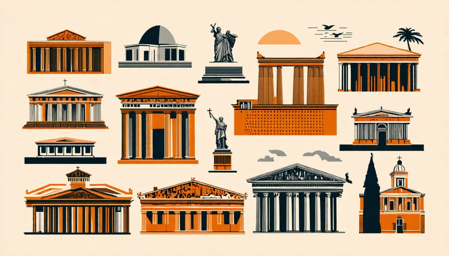 A collage showcasing diverse historical architectural styles, such as Greek, Roman, and Gothic.