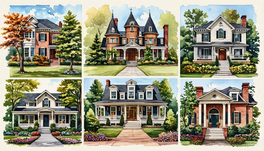 A collage showcasing a diverse range of architectural styles, including Colonial's symmetry, Victorian's ornate details, Mid-Century Modern's simplicity, Craftsman's rustic charm, and Ranch-style's open design.