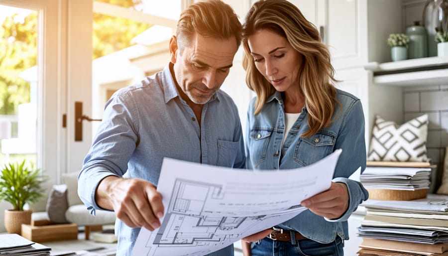 A professional home improvement expert and a homeowner discussing design plans in a well-lit room, surrounded by design samples and modern decor, symbolizing successful collaboration for personalized renovation.