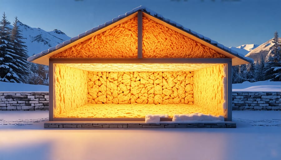 Cross-section of a house showing different insulation materials used to enhance energy efficiency