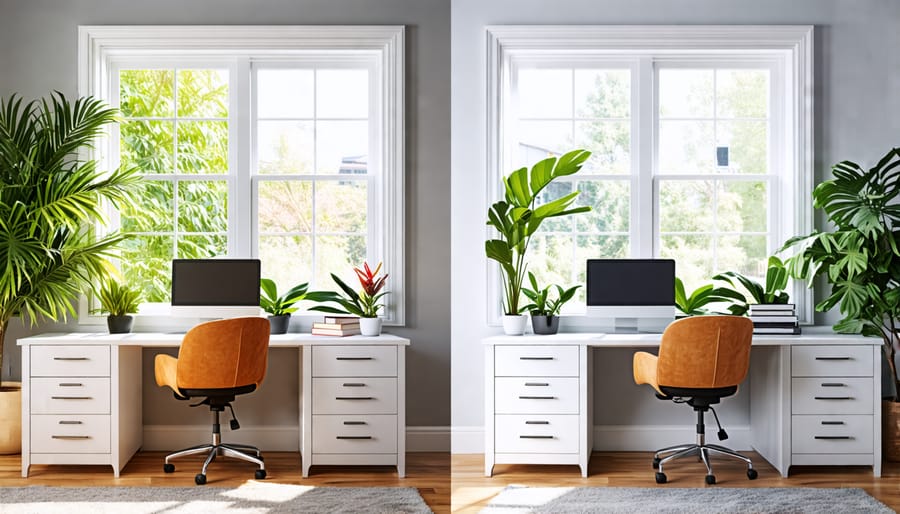 Before and after comparison of a home office makeover inspired by ZHC's whimsical designs