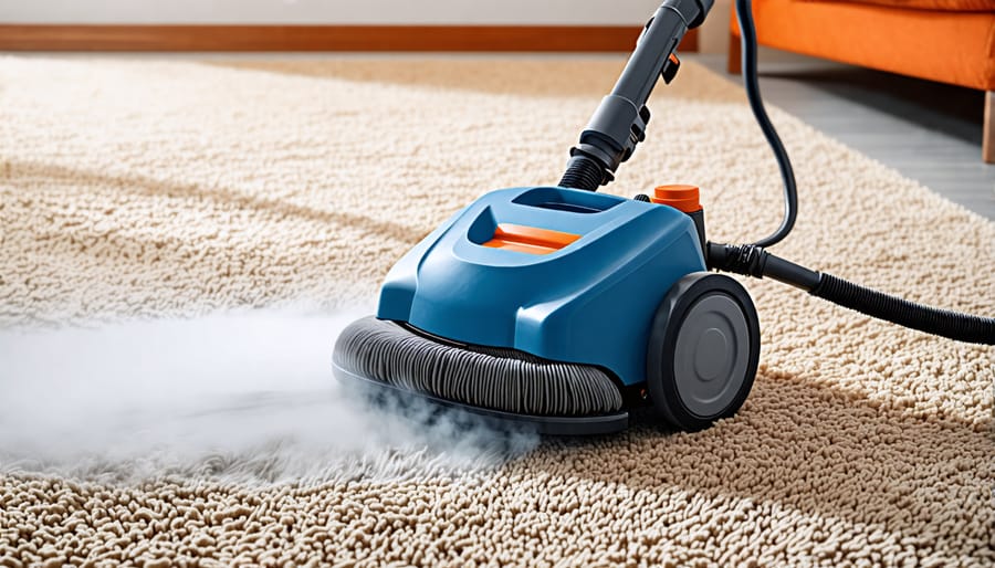 Carpet cleaning professional performing hot water extraction on a carpet