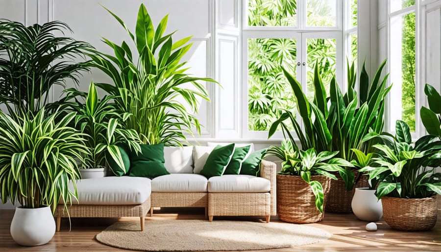 Houseplants such as spider plants and peace lilies in a well-lit living room for air purification