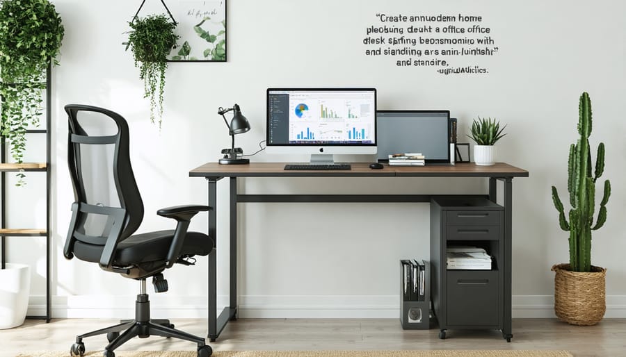 Modern and organized work-from-home desk setup with adjustable desk, ergonomic chair, and functional lighting, showcasing an efficient and comfortable workspace.