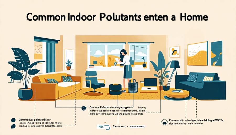 Illustration showing various indoor air pollutants and how they enter a house