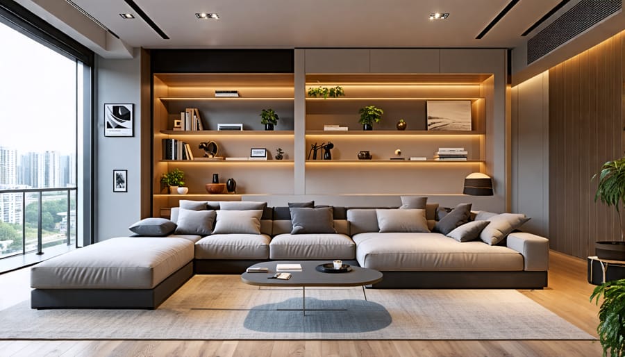 A stylish and modern living room with a convertible sofa transitioning into a bed, modular shelving, and a high-tech smart table, highlighting innovative furniture design.