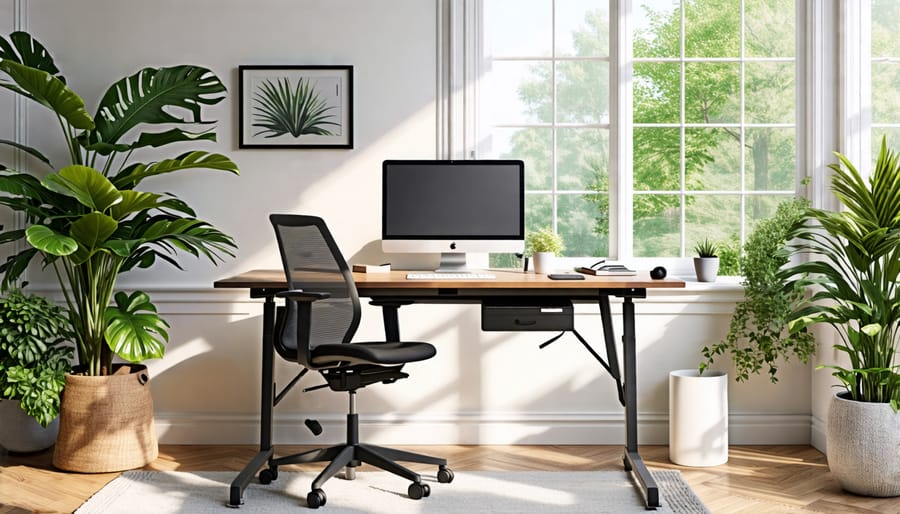 A conceptual representation of a modern home office with a standing desk by a window, surrounded by minimalistic storage solutions, plants, and ergonomic seating options designed to boost productivity and creativity.