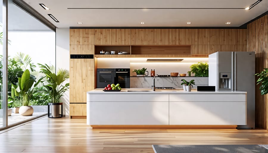 Modern kitchen featuring smart appliances and eco-friendly materials like bamboo cabinets and energy-efficient LED lighting, illustrating advanced space-saving and technological innovations.