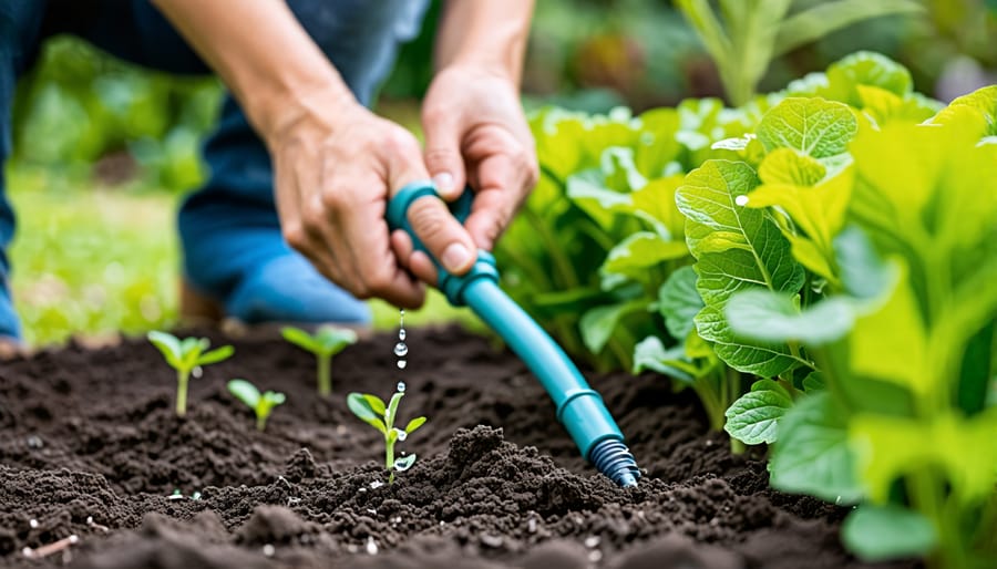 Hands installing a water-efficient drip irrigation system