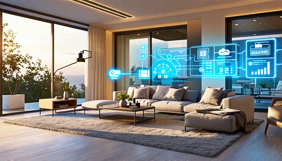 Illustration showcasing a living room with smart home devices like lights, speakers, and thermostats, interconnected to highlight smart home automation.