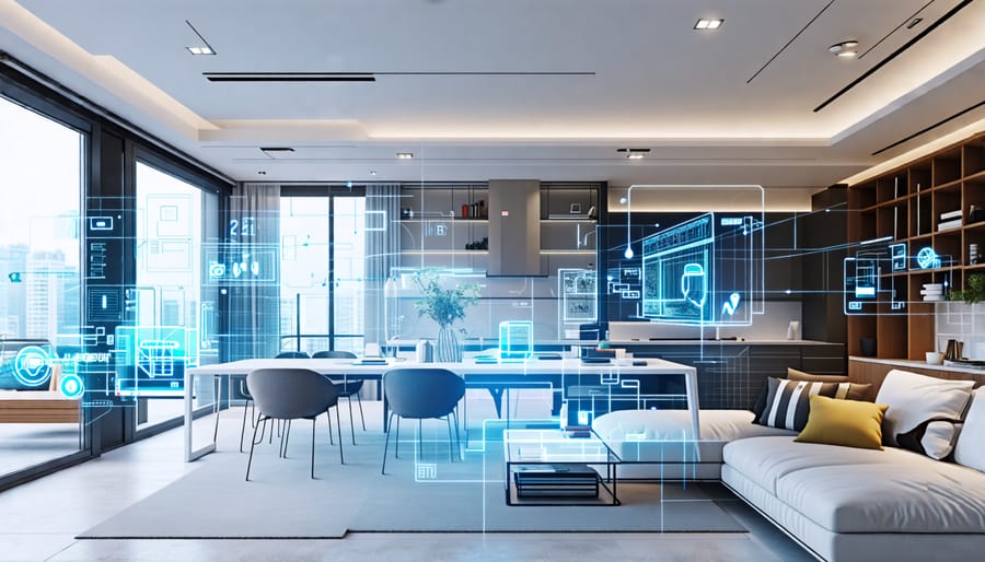 A modern home interior with digital overlays of 3D models, floor plans, and augmented reality, symbolizing the transformation of interior design through automation technology.