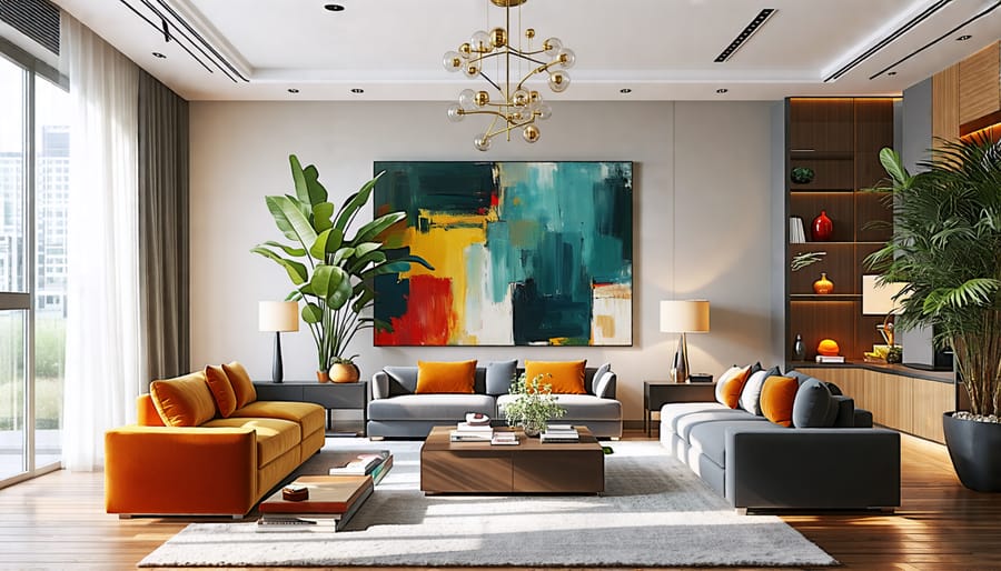 An elegant and thoughtfully designed interior space showcasing various design theories, featuring a balanced arrangement with diverse color schemes, focal artwork, and elements of varied scale.