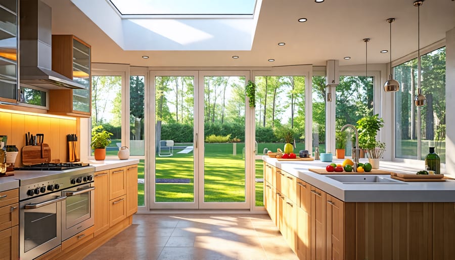 Kitchen maximizing natural light through windows, skylights, and glass-front cabinets