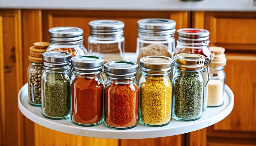 Lazy susan organizer holding spices and jars in a kitchen cabinet