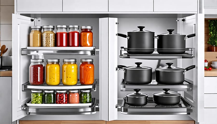 Side-by-side comparison of a lazy susan with condiments and a super susan with pots and pans, showcasing their roles in kitchen organization.