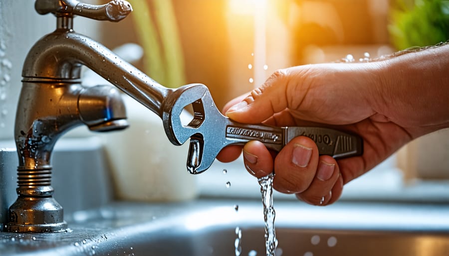 Demonstration of repairing a leaky faucet with a wrench